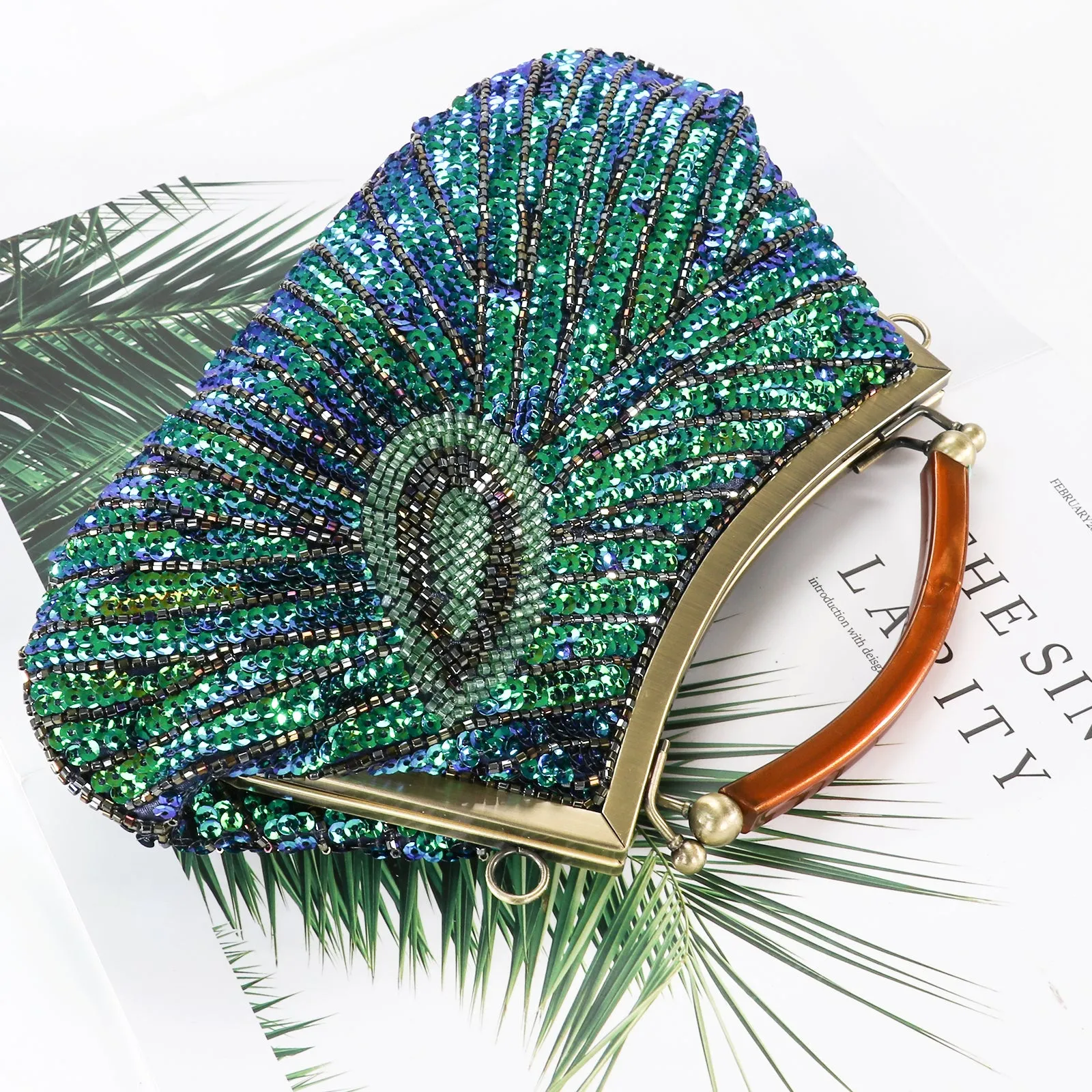 Women's Vintage Beaded Sequin Peacock Clutch