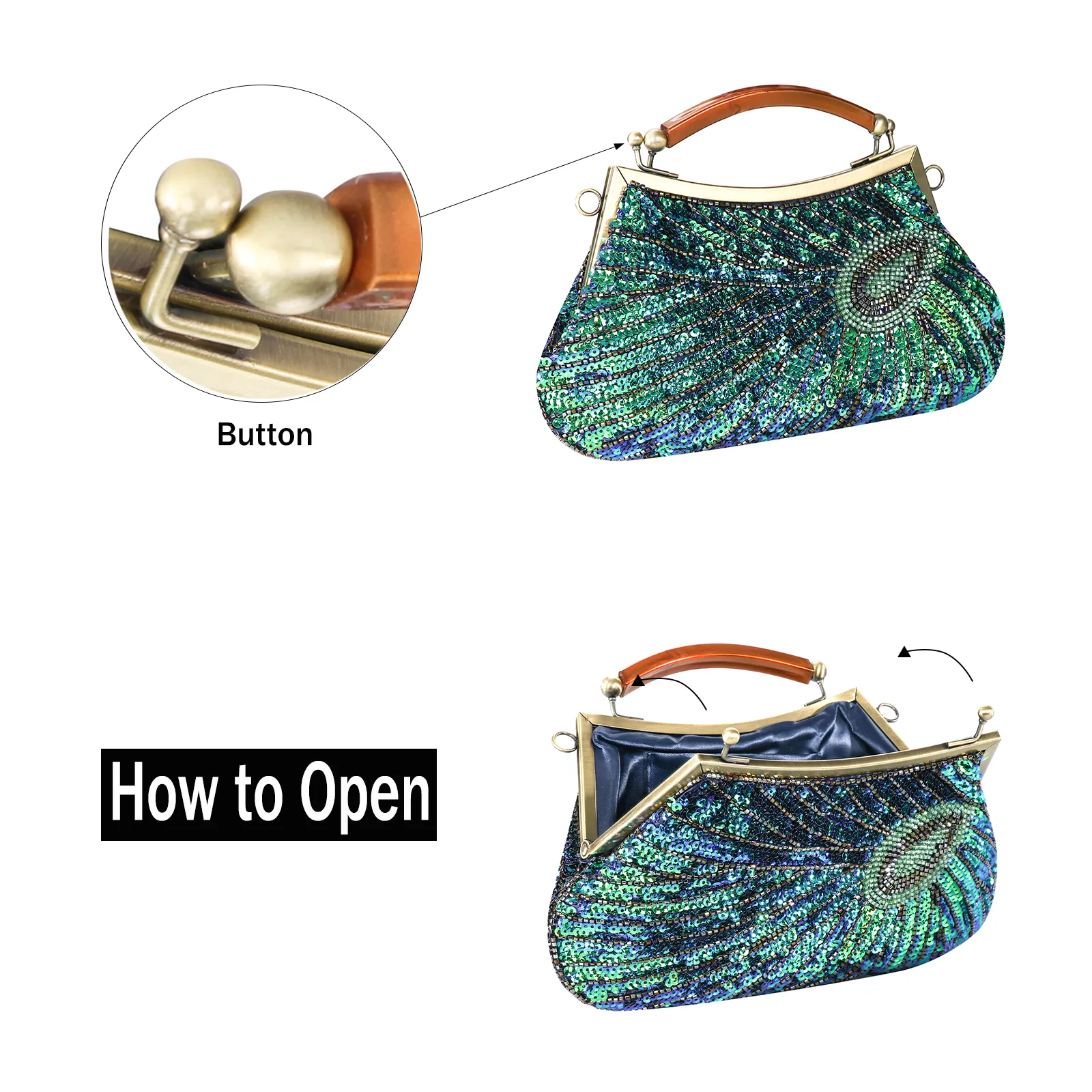 Women's Vintage Beaded Sequin Peacock Clutch