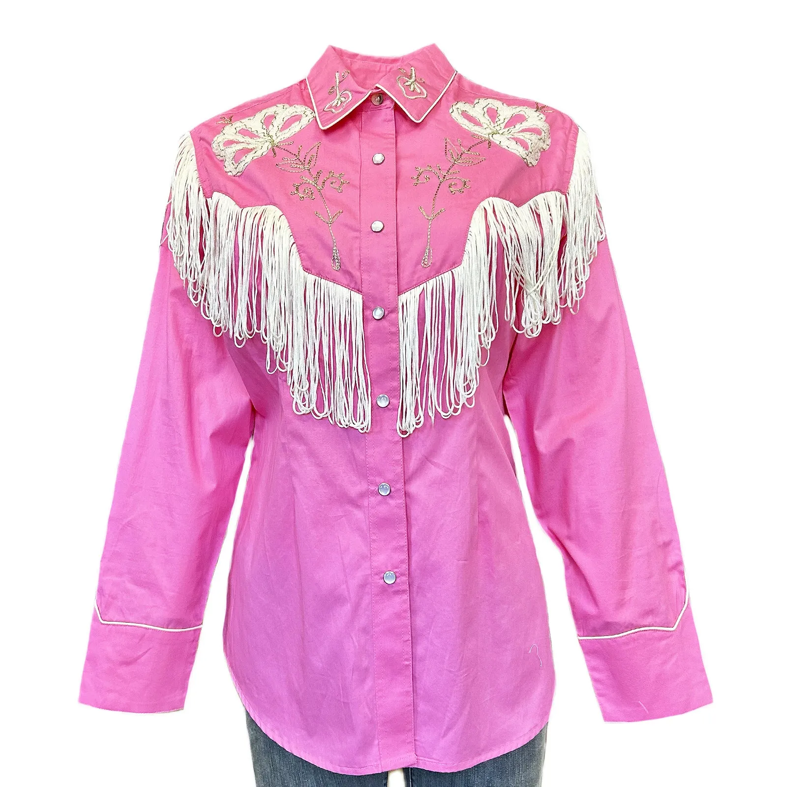 Women's Vintage Fringe Pink Embroidered Western Shirt