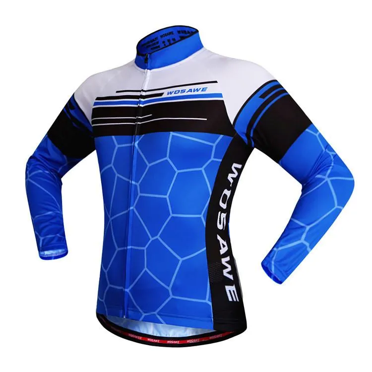 WOSAWE Warm Winter Fall Blue White Long Sleeve Cycling Jersey